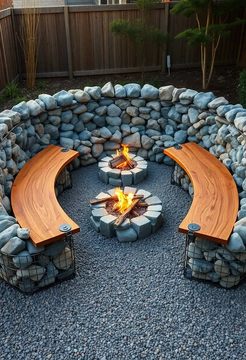 Gabion wire baskets filled with rocks forming a curved seating wall around a gravel fire pit area