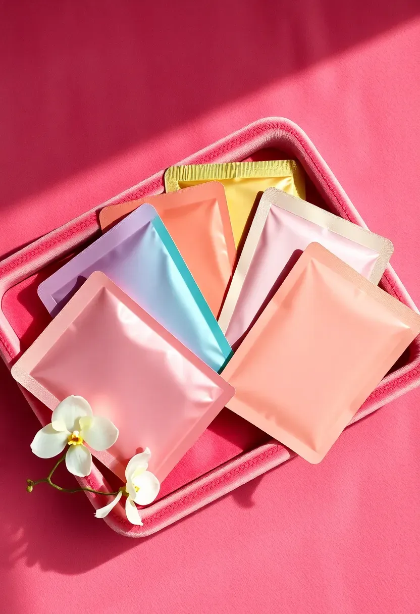 collection of facial sheet masks in decorative packaging fanned out on a pink velvet surface
