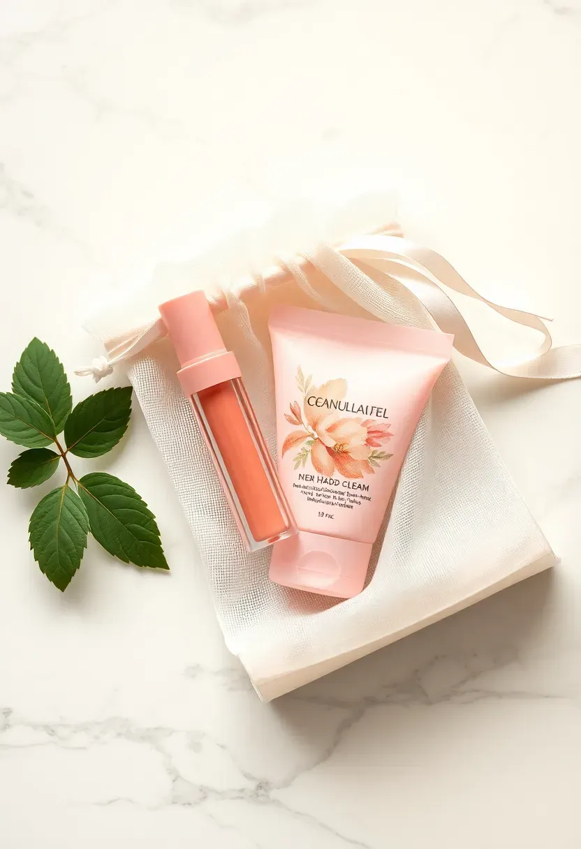 gift set with lip gloss and hand cream in pink packaging with floral design on marble surface