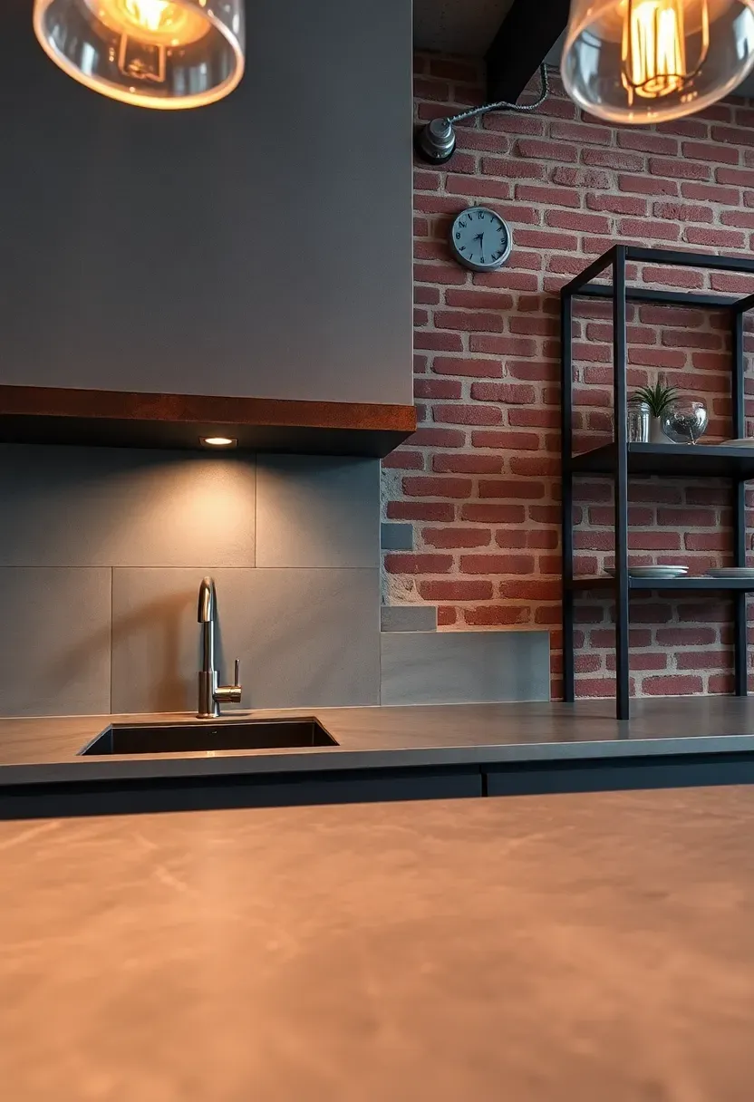 custom welded raw steel flat bar trim on concrete-look porcelain backsplash in industrial loft kitchen with exposed brick