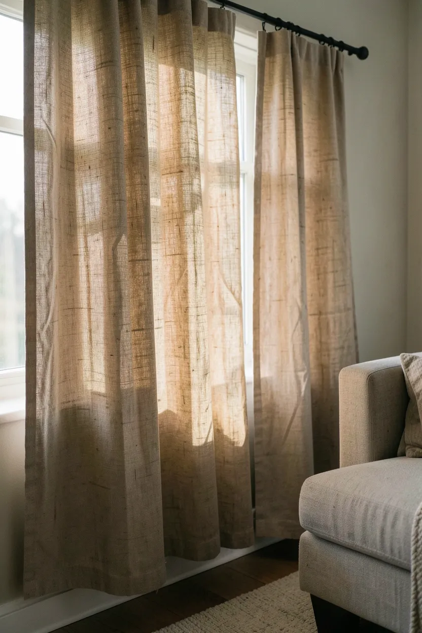 Hyper-realistic eye-level photograph of linen curtains hanging on living room window. Curtains in warm oatmeal color show natural linen texture with subtle variations and slight wrinkling from daily use. Morning light filters through linen, creating soft diffused glow in room. Curtain rod is matte black metal. Part of sofa and rug visible in filtered light. Curtains are casually pushed to sides, not fully closed. Natural soft mood. Sharp linen weave details, soft lighting effects, natural drape. No text, no logos, no watermarks.