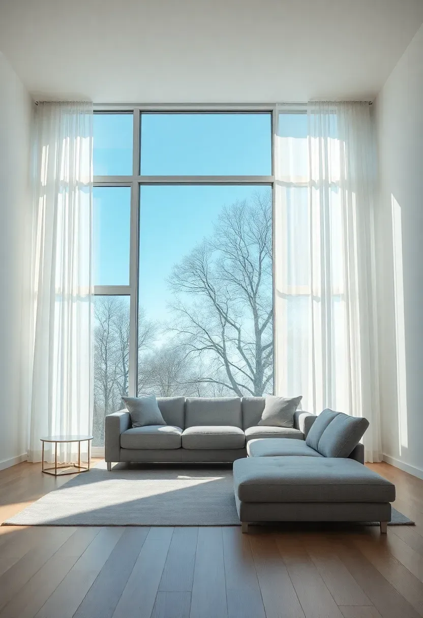 Hyper-realistic wide shot centered on a large floor-to-ceiling window in a Scandinavian living room. Window dominates the wall, sheer white linen curtains pooling on floor, bright blue sky and tree branches visible through glass. Light gray sectional sofa facing window. Minimal side tables. Light wood floor, white walls. Morning sunlight streaming through window, casting soft shadows. Materials: sheer linen, light oak, gray cotton. Airy, luminous mood. Sharp details on window frame and curtain texture, visible room context, no text, no logos.</p>