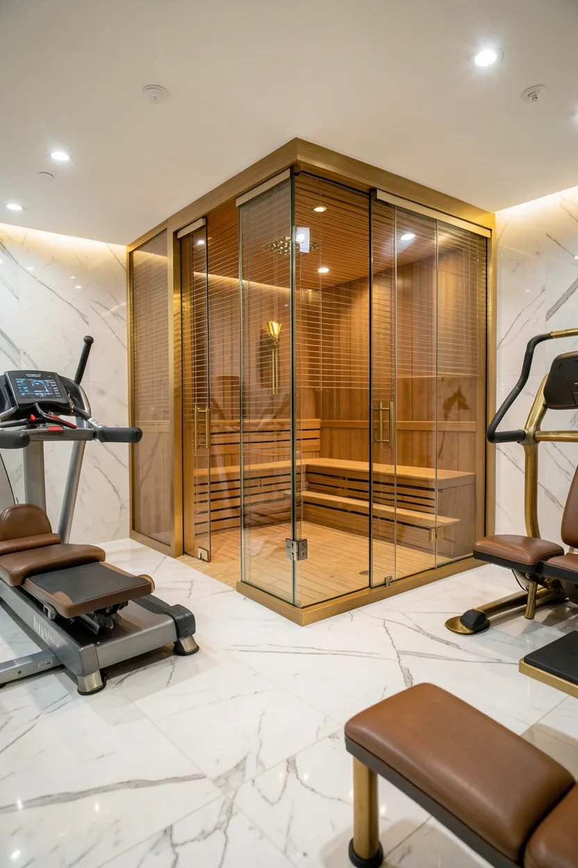 Luxury home gym with private glass sauna and motorized privacy blinds, Carrara marble floors, leather and brass premium equipment, and built-in marble hydration bar