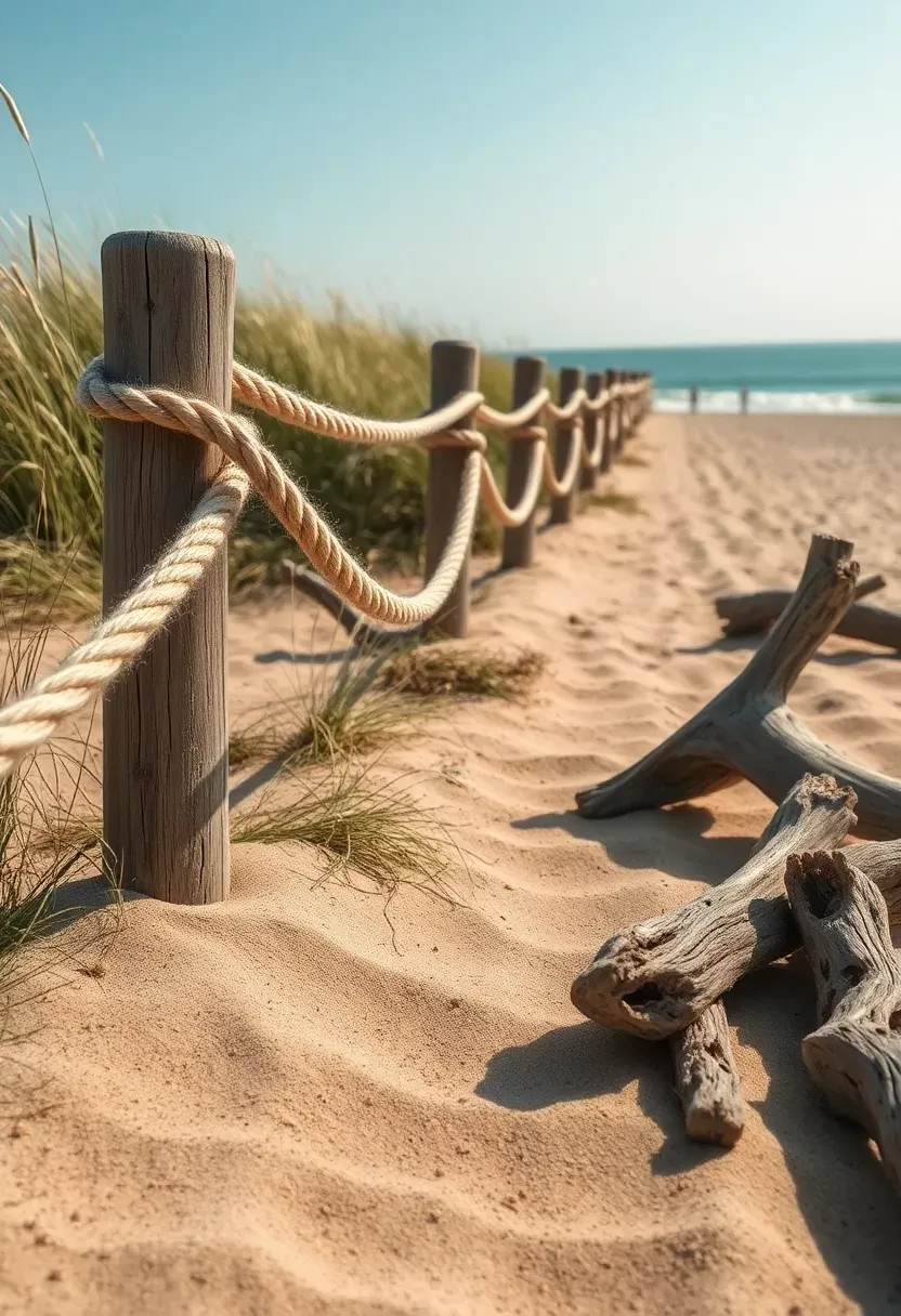 Rope and post nautical fence along a sandy coastal pathway with beach grass and weathered driftwood nearby