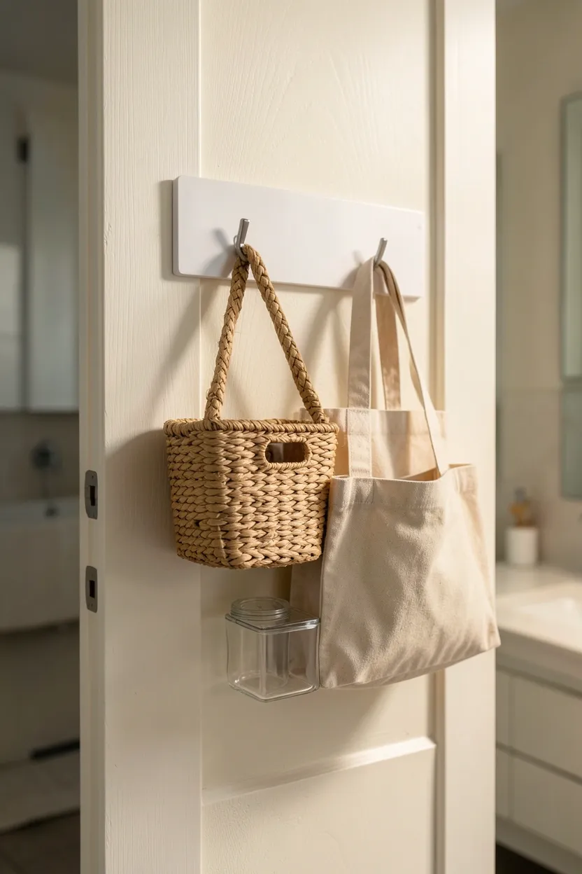 Over-the-door organizer with brass hooks and small woven baskets on a rental bathroom door, storing towels and toiletries neatly