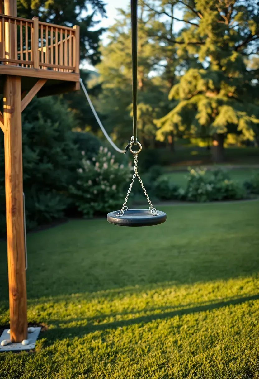 Backyard zip line stretching from a raised wooden platform to a low landing post across a green lawn with a disc seat on the cable