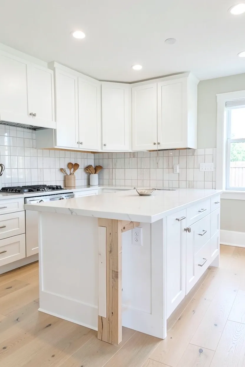 White porcelain backsplash tiles with wood-look grain pattern in a modern white kitchen, the warm wood texture adding natural character without the maintenance