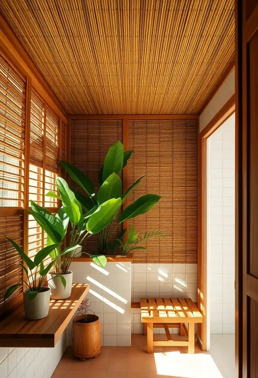 Woven bamboo mat ceiling panels in a tropical-inspired bathroom with live plants and teak furniture
