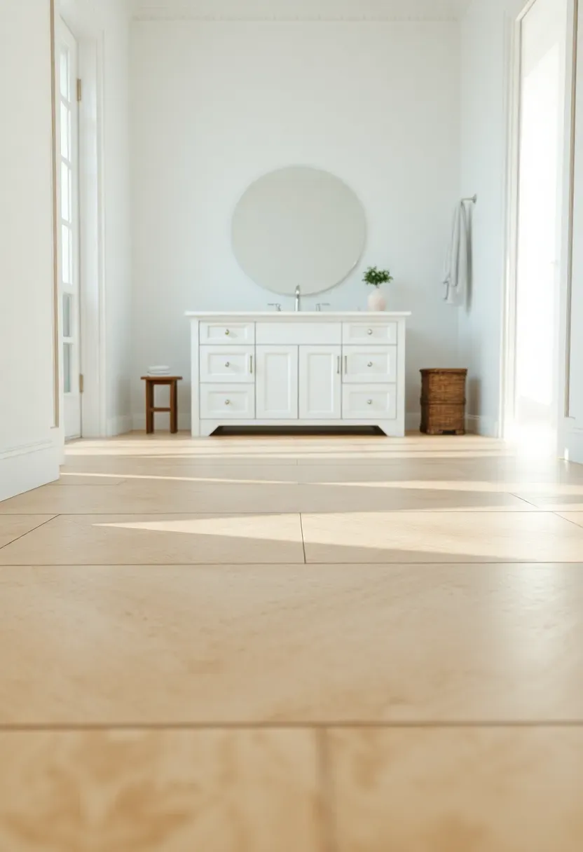 Natural wood ladder shelf leaning against a white apartment bathroom wall with rolled towels and small potted plants on each rung