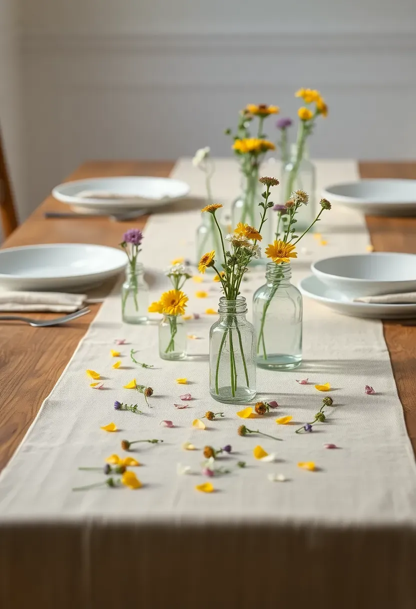 spring wildflower meadow Easter table with scattered blooms loose petals and casual setting
