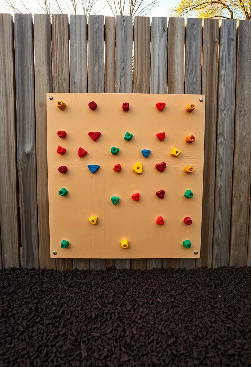 A small kids climbing wall built on the back side of a wooden backyard fence, with colorful bolt-on climbing holds and rubber mulch on the ground below