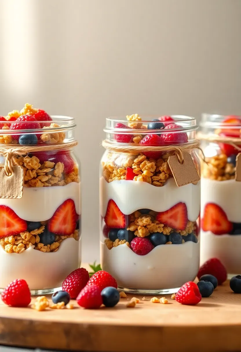 layered mason jar parfaits with alternating stripes of yogurt granola and mixed berries tied with twine and a small tag saying baby is brewing