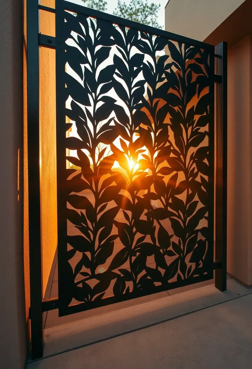 Laser-cut decorative metal privacy panel with geometric leaf pattern casting shadows on a courtyard wall at sunset