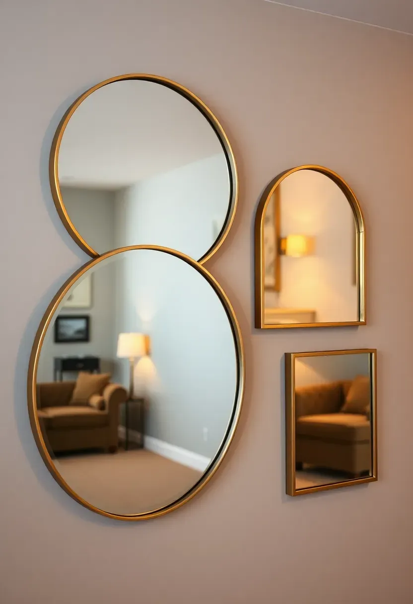 Grouping of three decorative mirrors in different shapes and sizes arranged on a basement wall reflecting warm lamp light