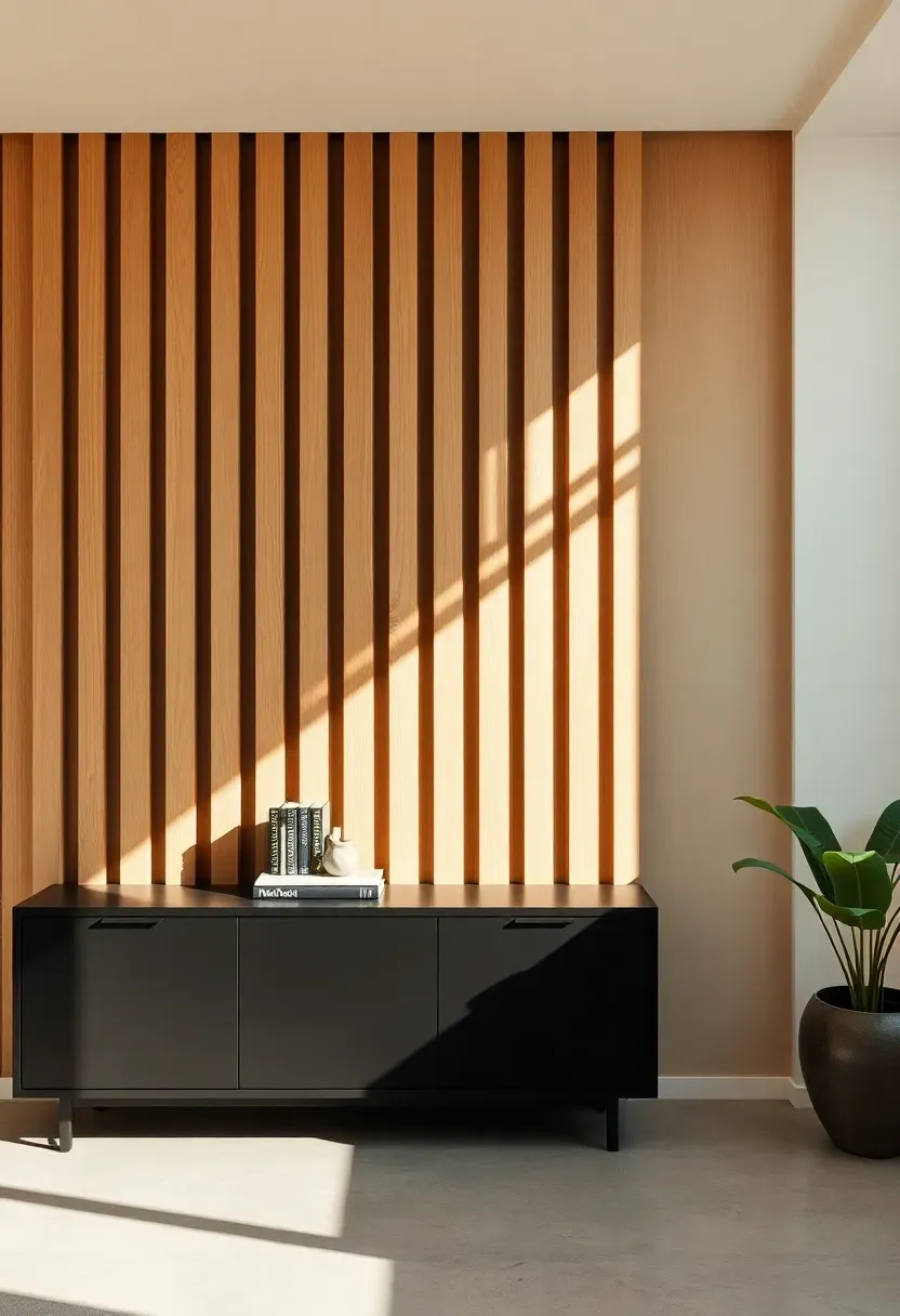 Modern living room with a vertical wood slat accent wall in light oak behind a low media console, creating a warm rhythmic pattern of light and shadow
