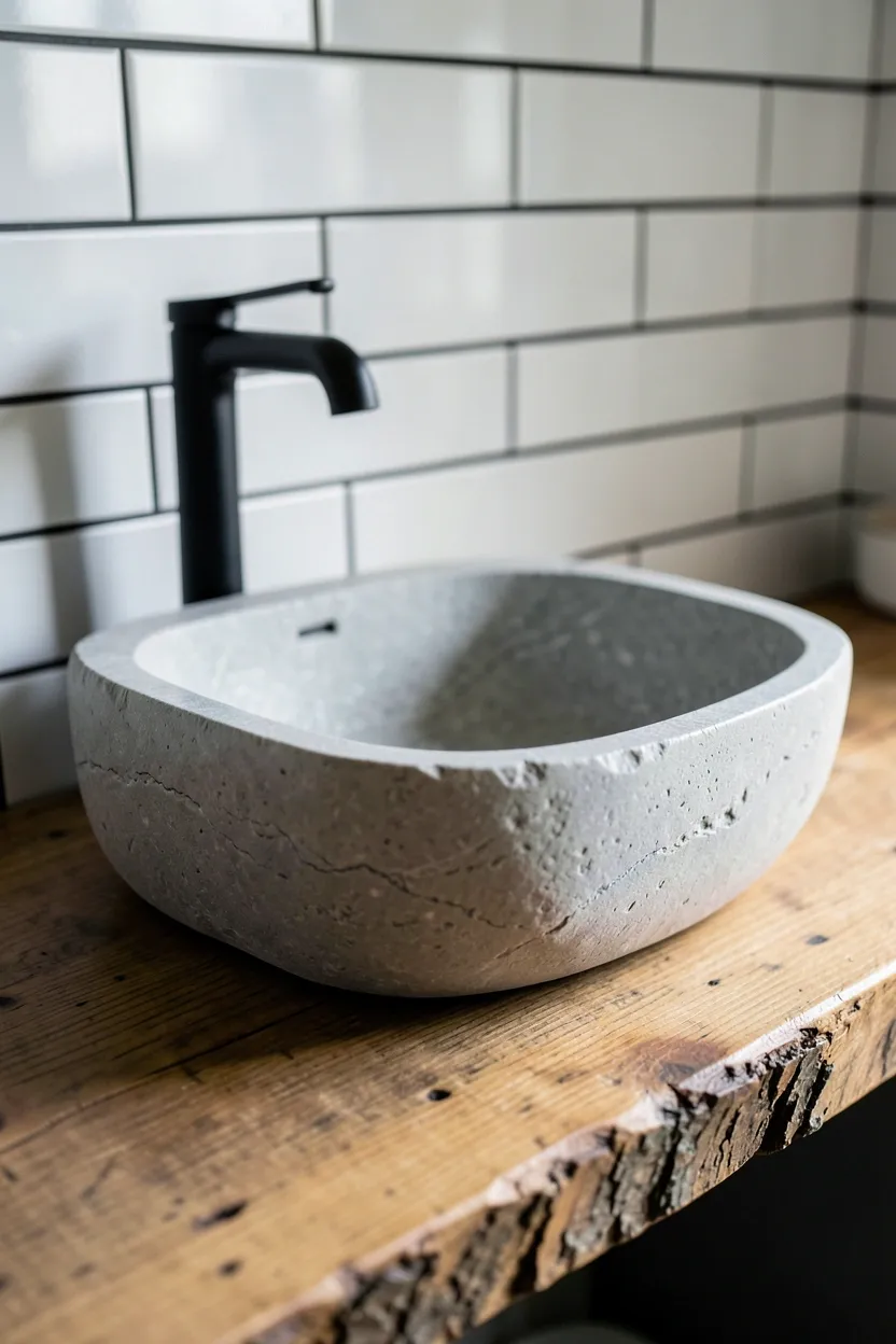 Round slate stone vessel sink resting on a live-edge wooden countertop with wall-mounted black faucet in a farmhouse bathroom