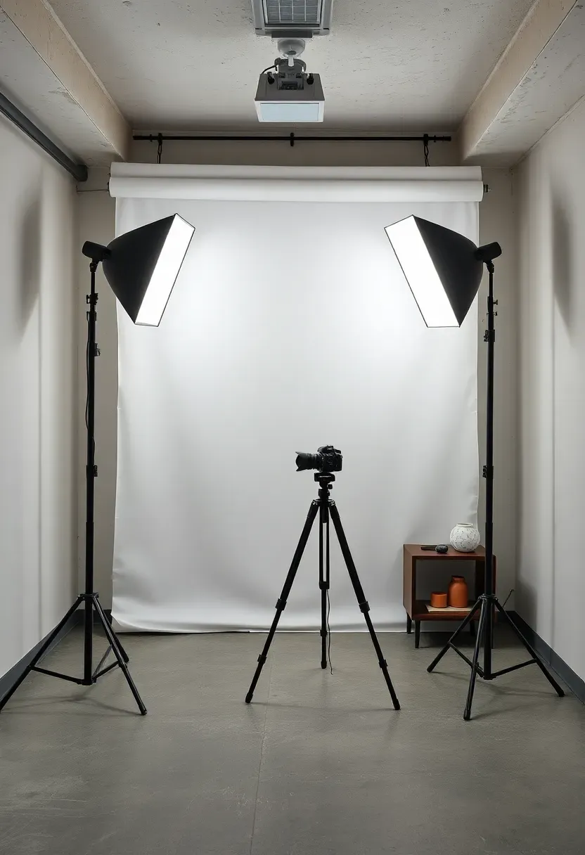 Basement photography studio with white seamless paper backdrop, two softbox lights on stands, a camera on a tripod, and a props shelf along the side wall