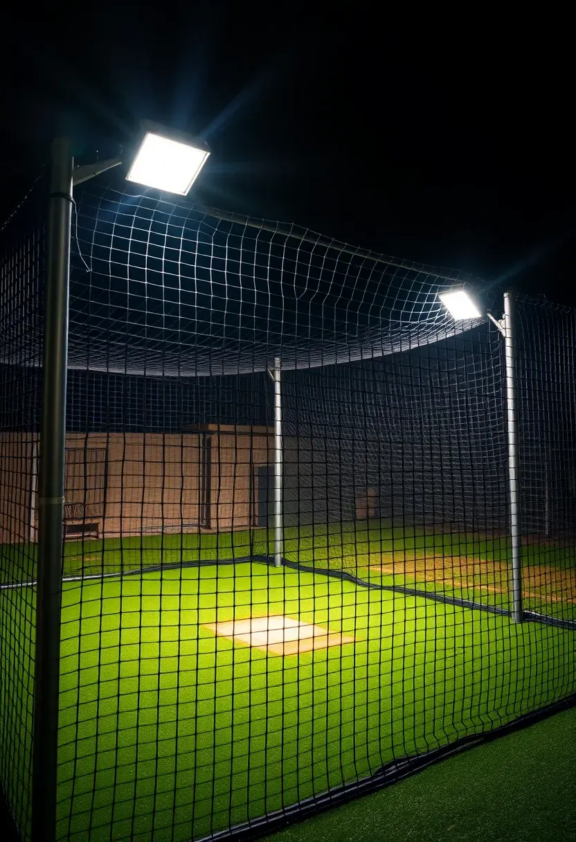 backyard batting cage with LED floodlights for night practice