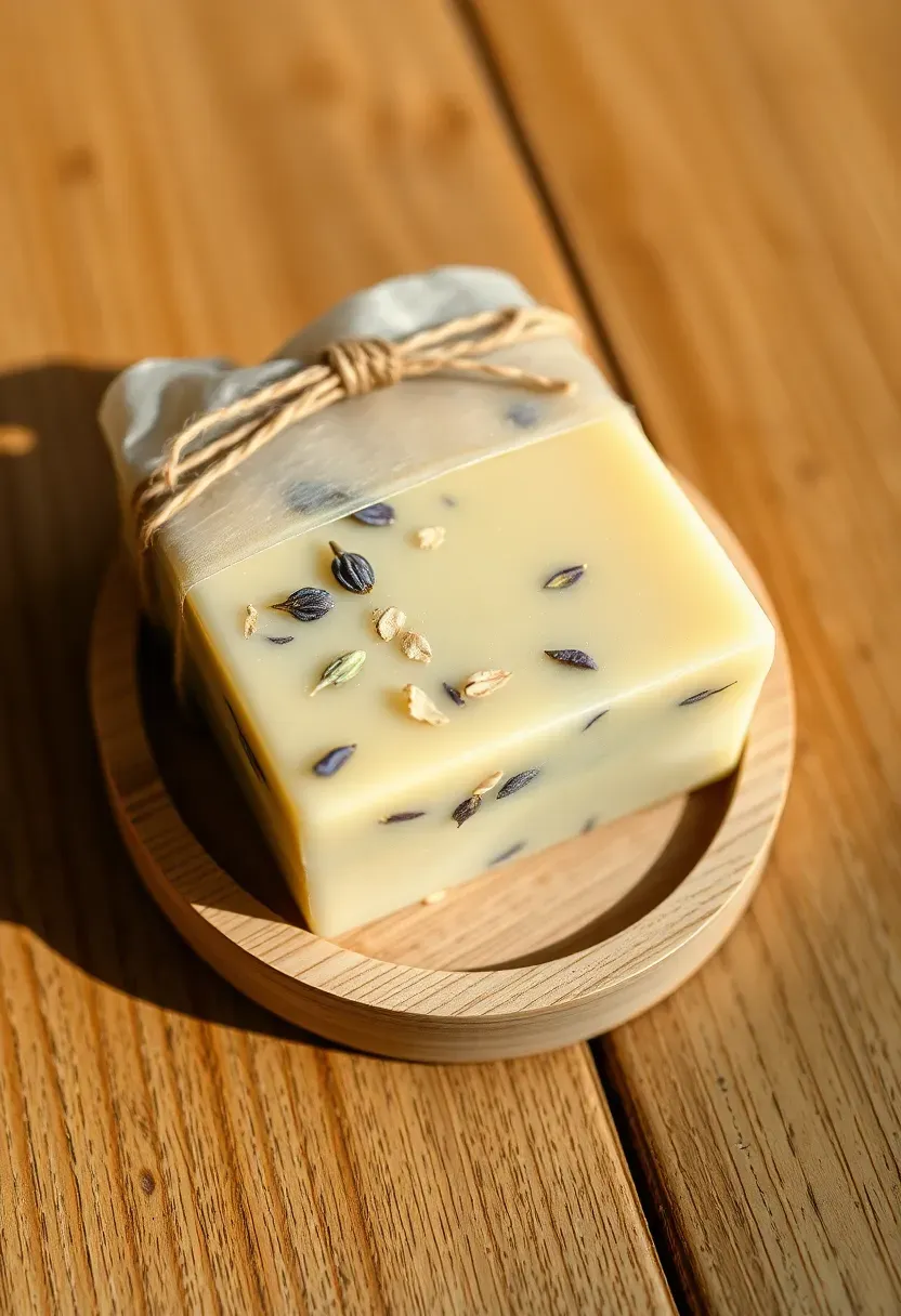 artisan scented soap bar wrapped in wax paper with a pressed flower decoration and twine on a wooden soap dish