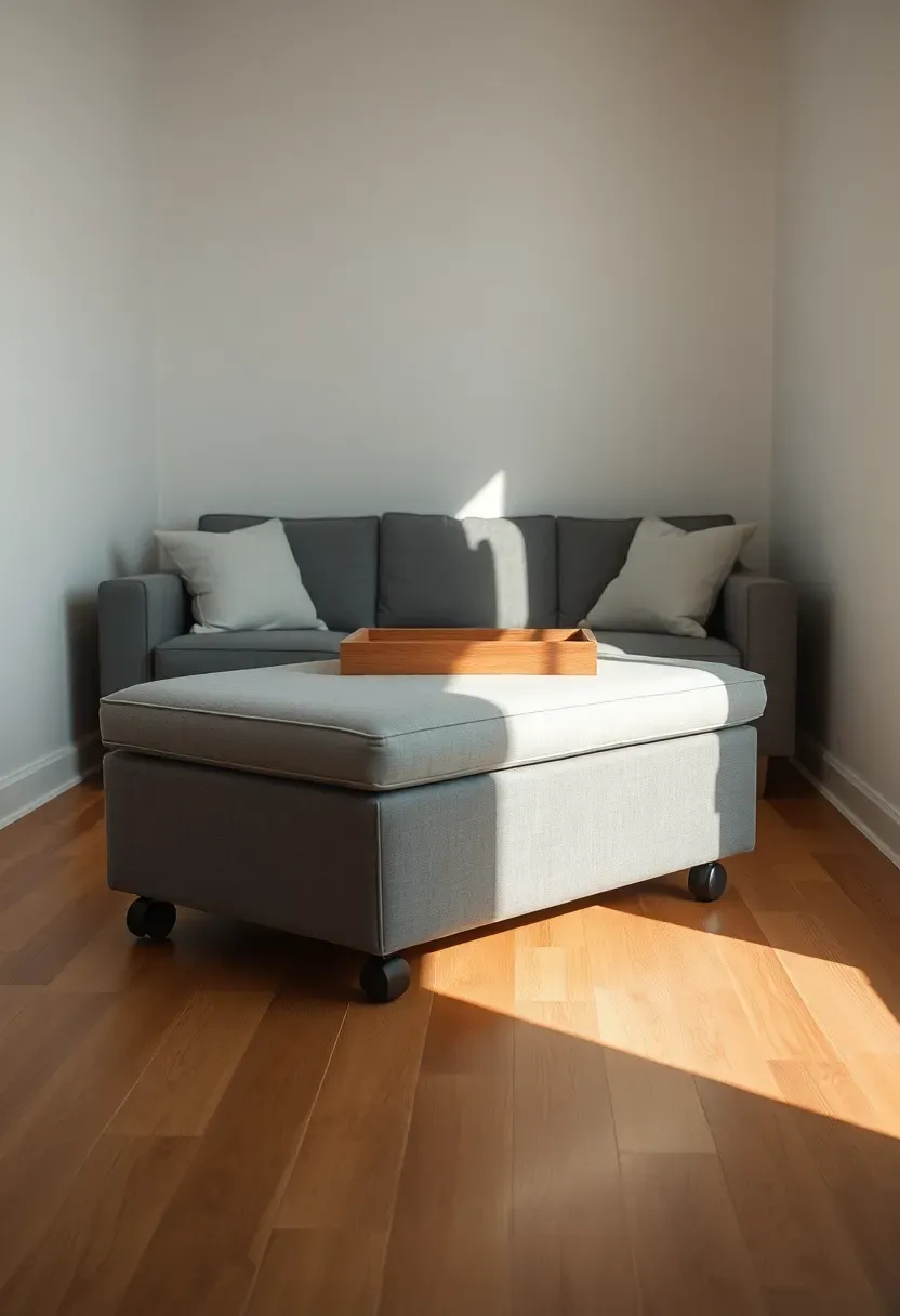 Hyper-realistic view of small minimalist living room centered around rectangular storage ottoman on casters,ottoman serving as coffee table with tray on top, small gray sofa, oak floor, white walls, compact room. Materials: linen or leather ottoman upholstery, wood serving tray, oak floor, white walls. Natural light, multi-functional organized mood. Single piece serving multiple functions, shallow depth of field, no text, no logos, no watermarks.</p>