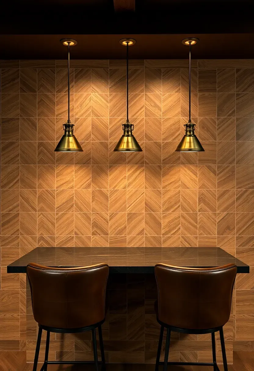 Herringbone pattern wood-look porcelain tile accent wall in warm walnut tones in a basement bar area with pendant lights