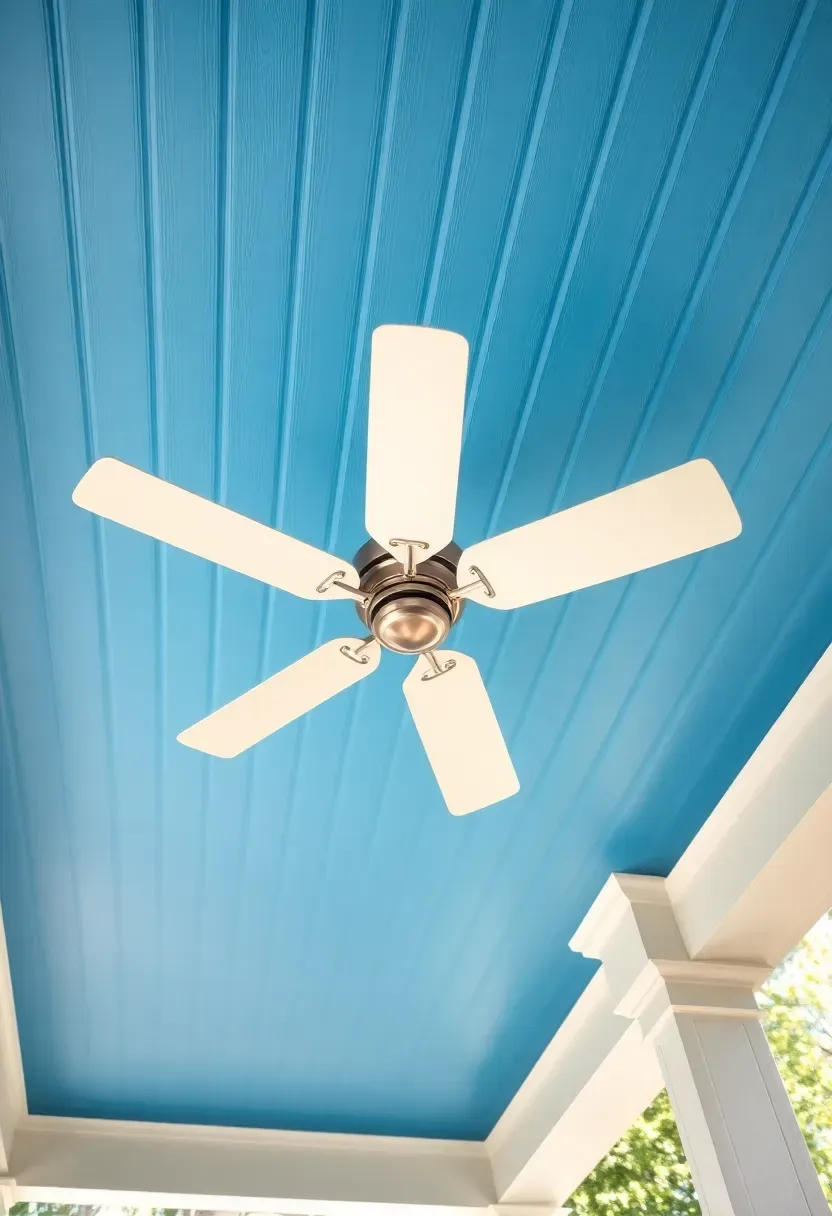Porch ceiling painted haint blue with exposed white beadboard and a classic white ceiling fan
