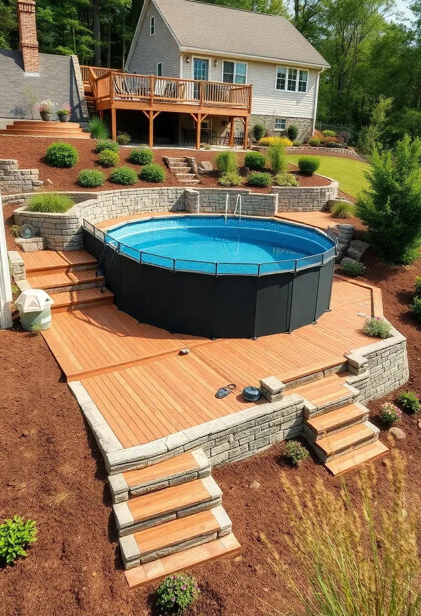 Hyper-realistic 3/4 view of sloped backyard with above-ground pool integrated via multi-level terraced deck system following natural grade. Materials: warm brown composite decking on three connected terrace levels, dark pool framework positioned at middle elevation, stone retaining walls between levels, flowering perennials planted at wall bases. Soft morning sunlight from left, revealing elevation changes through shadows and demonstrating deck's integration with slope. Multi-zone backyard living mood showing distinct areas on each level—upper dining space, middle pool access, lower lounge area. Pool water in calm blue. Visible house at upper level, demonstrating logical flow from indoor to outdoor spaces. No text, no logos, no watermarks.</p>