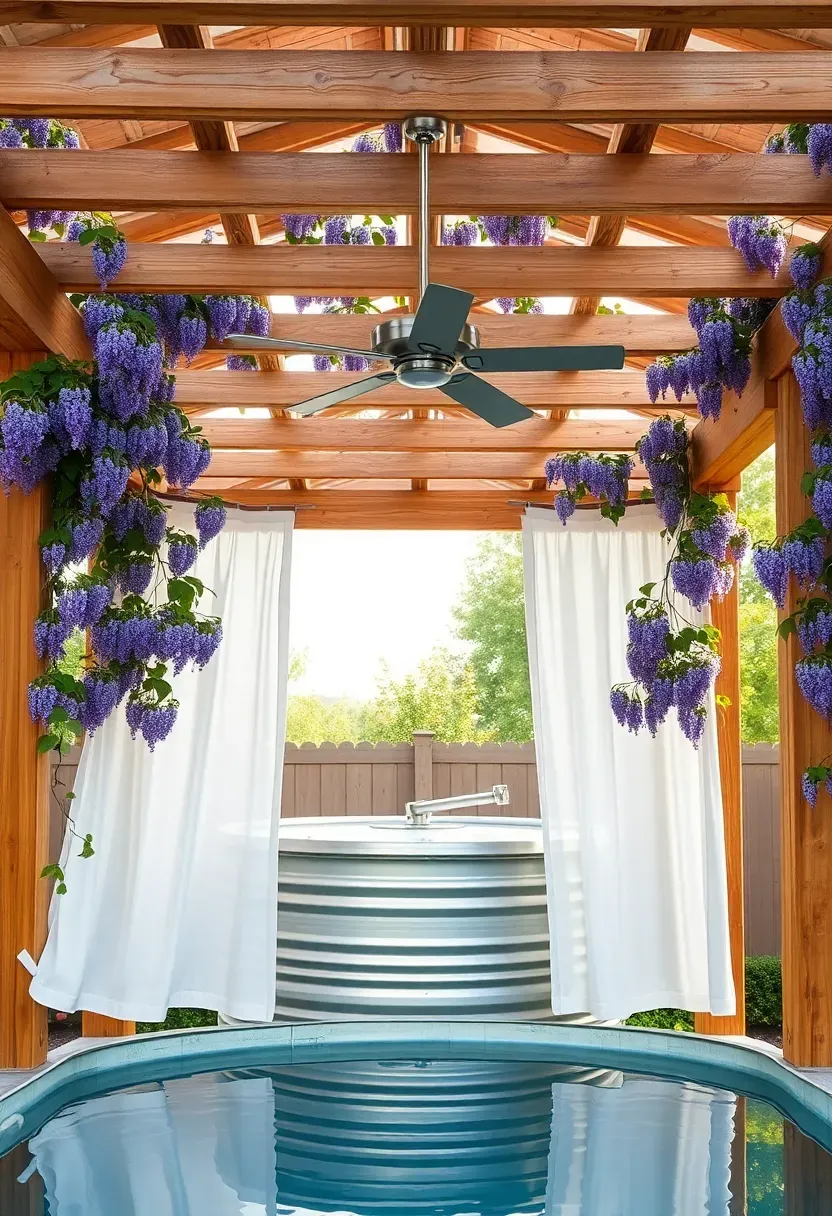 Stock tank pool shaded by a wooden pergola with climbing vines, curtain panels on two sides, and a ceiling fan mounted to the pergola center