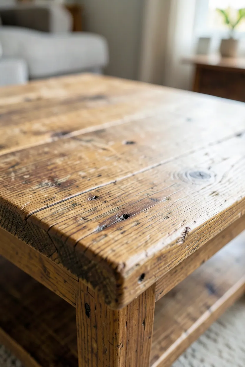 Distressed wood end table and media console with natural grain and worn edges in a rustic farmhouse living room