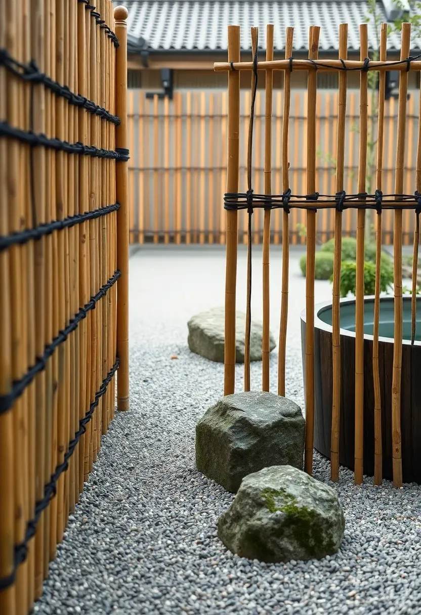 A traditional Japanese yotsume-gaki bamboo fence with horizontal bamboo poles lashed together with black twine in a zen garden setting near a wooden soaking tub