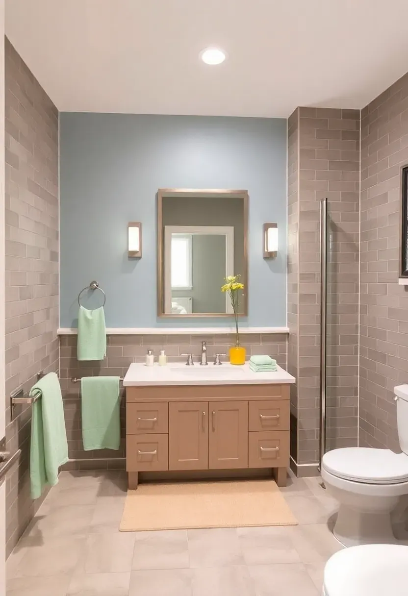 Soft blue bathroom walls with warm lighting and white towels creating a calm mood-boosting color palette