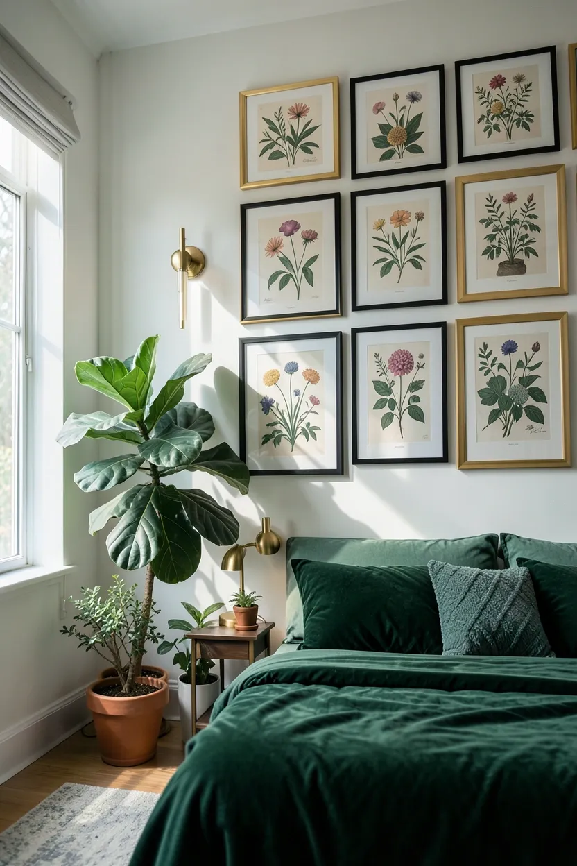 Hyper-realistic eye-level photograph of a maximalist bedroom wall featuring a large gallery arrangement of vintage botanical prints in mismatched gold and black frames, showing various plants and flowers in detailed illustrations. Below the gallery, actual plants are positioned: a large fiddle leaf fig in corner, smaller potted plants on surfaces. Materials: framed botanical prints, potted plants with green foliage, velvet emerald duvet, brass light fixtures. Natural morning light streaming through window, illuminating botanical art and real plants. Coherent mood: lush and organic maximalist bedroom with greenhouse-like atmosphere. Shallow depth of field, sharp details on botanical prints, balanced composition showing room context. No text, no logos, no watermarks.</p>