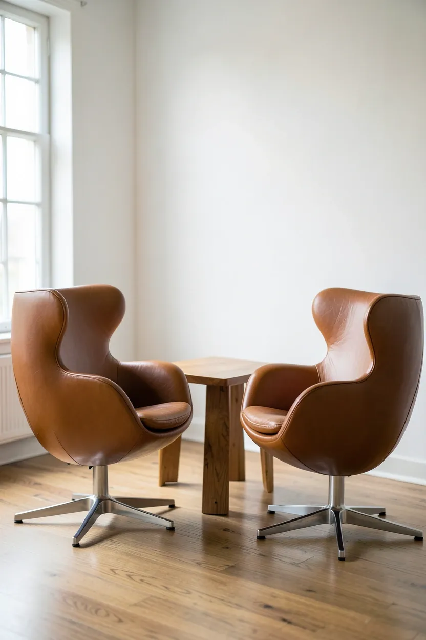Pair of Arne Jacobsen Egg Chairs in deep wool fabric creating an intimate conversation nook in a vintage Nordic living room