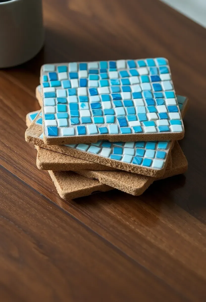 square coasters covered in small mosaic tiles in ocean blue and white tones