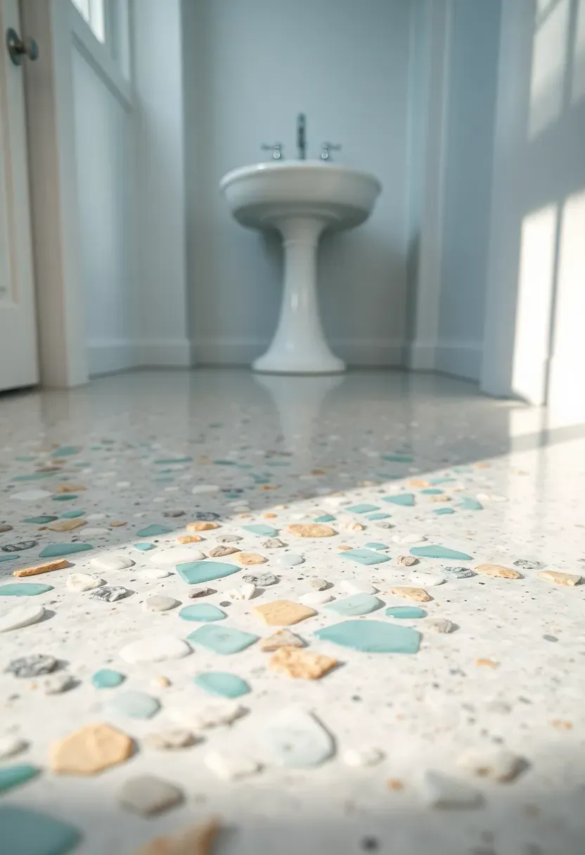 Bathroom floor featuring terrazzo tiles in ocean-inspired colors of turquoise, seafoam, white, and sand with irregular chips creating a tide pool effect
