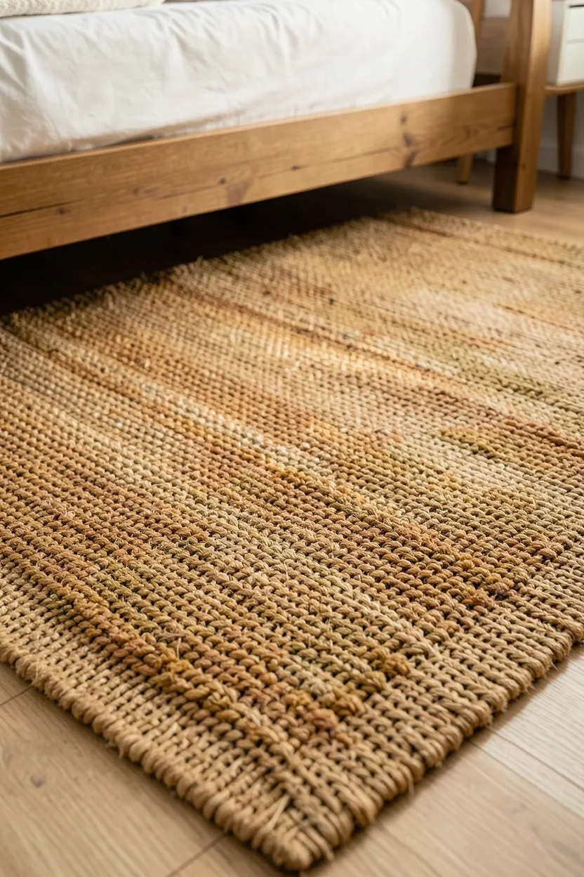 Woven seagrass rug beneath a low wood platform bed in a wabi sabi bedroom with warm golden-brown tones