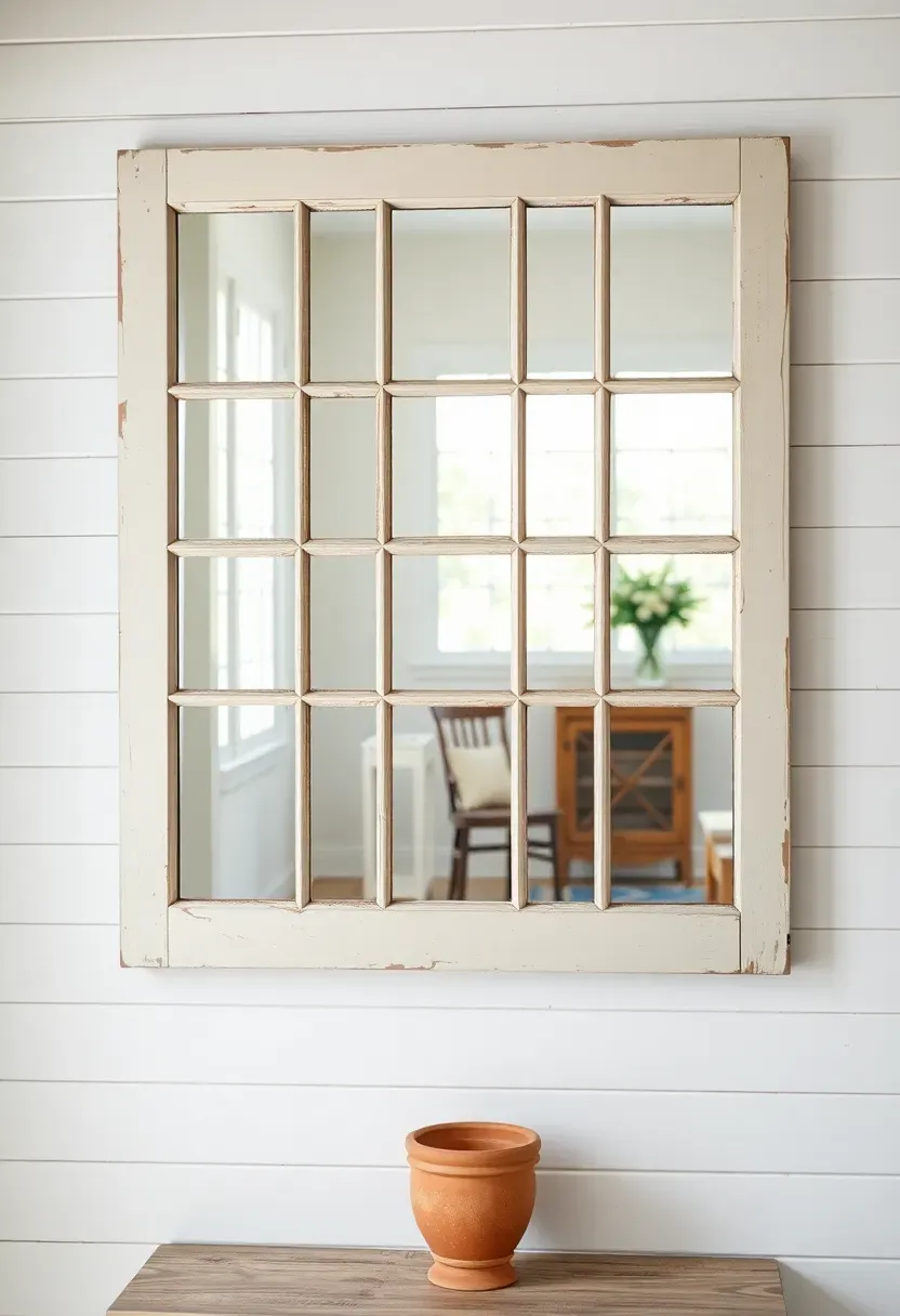 Vintage multi-pane window frame repurposed as a large mirror in a farmhouse sunroom with whitewashed walls and warm natural light
