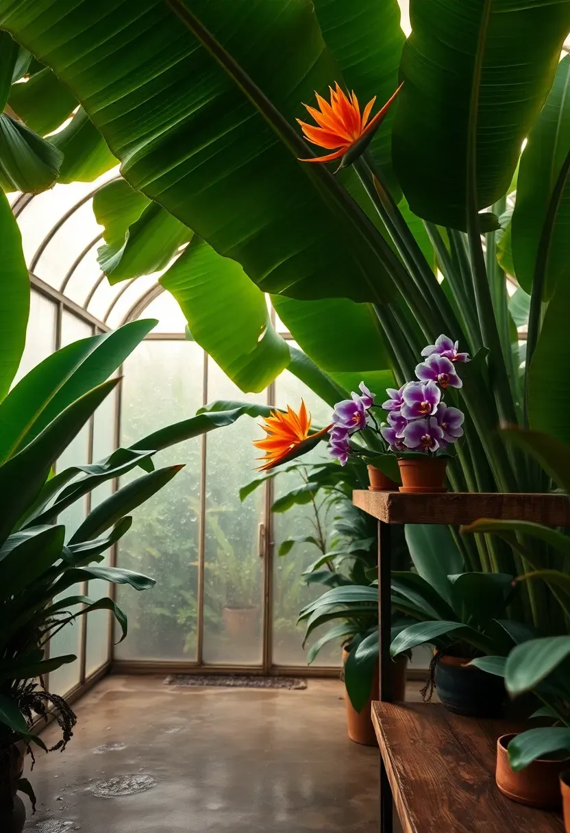 A lush tropical greenhouse interior with banana plants bird of paradise orchids and a humid misty atmosphere