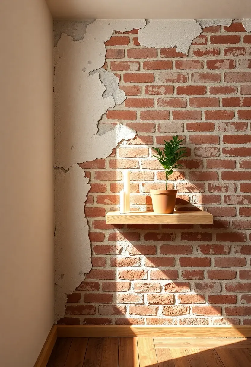 Basement with whitewashed brick wall showing texture and patchy coverage for a rustic farmhouse feel