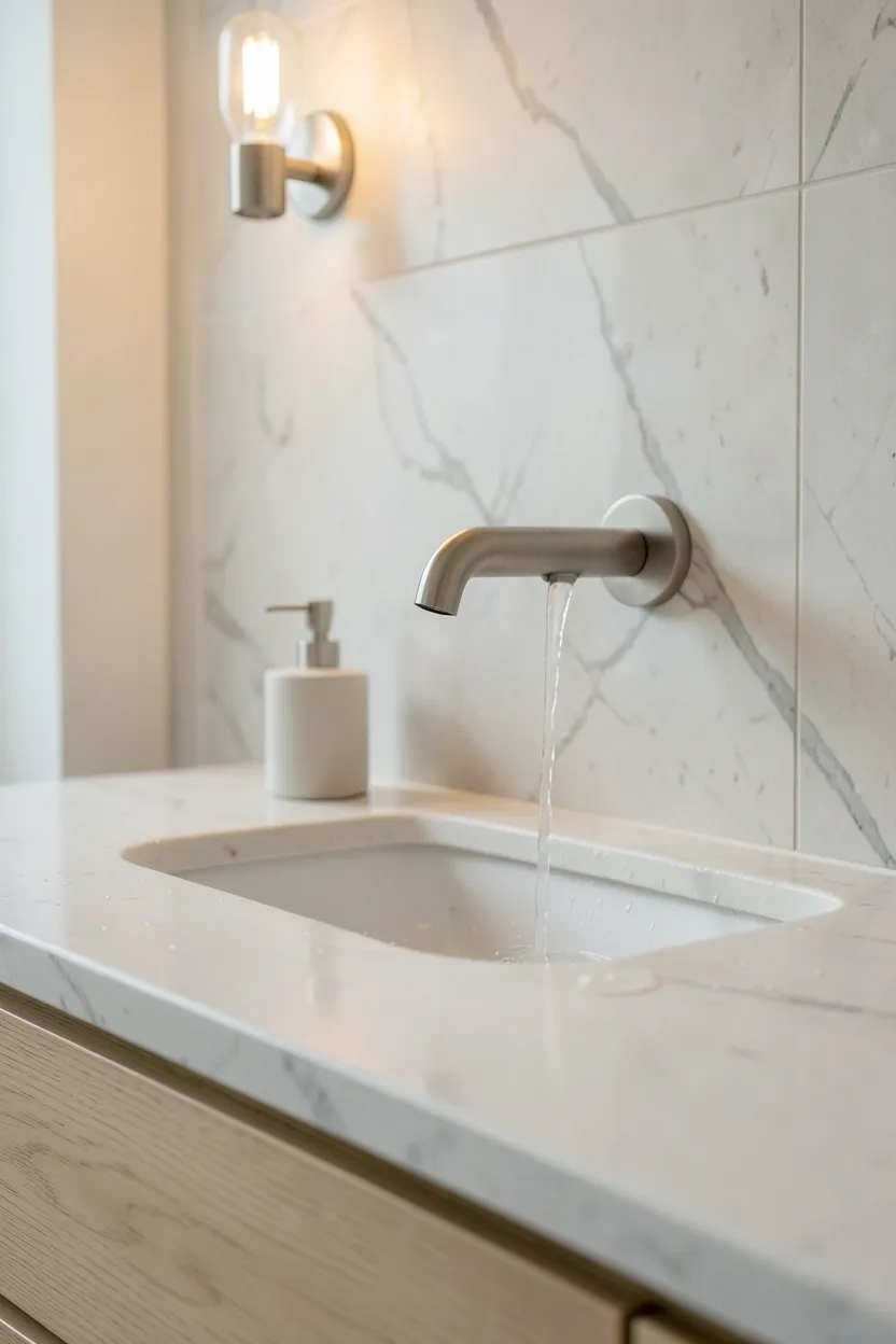 Sleek wall-mounted faucet in brushed nickel above a white undermount sink with clear vanity surface