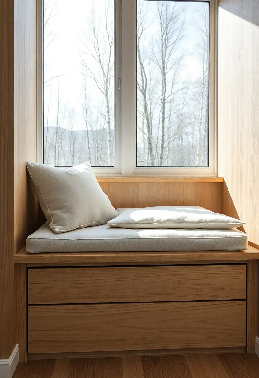 Hyper-realistic eye-level view of built-in window seat in light oak with cream linen cushion and matching lumbar pillow. Floor-to-ceiling window behind showing Nordic sky and birch trees. Storage drawer beneath seat visible. Materials: natural oak wood, heavy linen cushion fabric. Bright daylight flooding through window, serene contemplative mood. Clean architectural lines with visible wood grain. Shallow depth of field showing cushion texture and window frame detail. No text, no logos, no watermarks.</p>