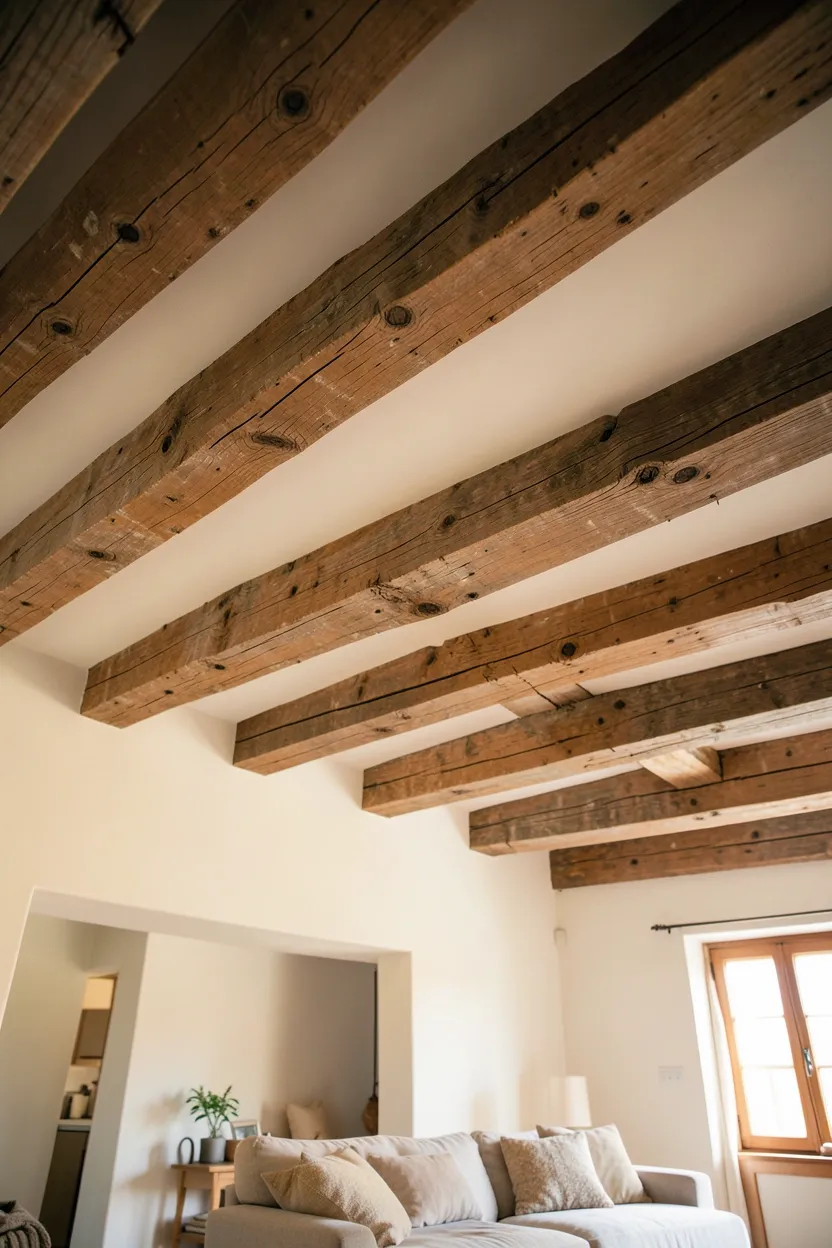 Exposed reclaimed wood beam ceiling with natural grain and weathered patina in a warm wabi sabi living room