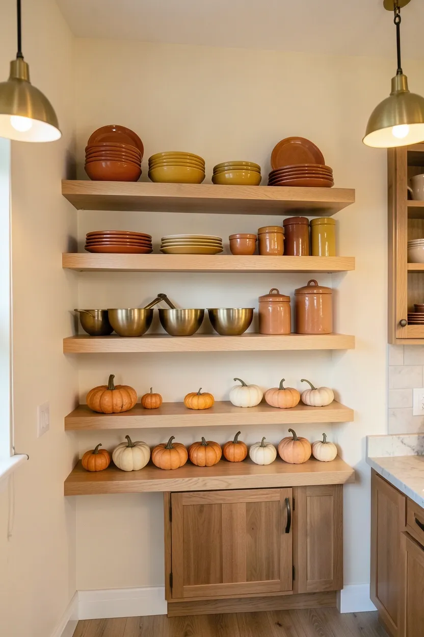 Hyper-realistic eye-level photograph of a kitchen with open shelving featuring autumnal display. Two floating light oak shelves installed at different heights on warm cream wall. Upper shelf holds neatly arranged autumnal dishware in burnt orange, mustard yellow, and terracotta tones. Middle shelf features brass mixing bowls and warm ceramic canisters. Lower shelf displays small pumpkins and gourds in cream and pale orange. Open shelving reveals warm walnut cabinets in background. Warm ambient lighting from brass pendant lights. Clean organized appearance with intentional display. No text, no logos, no watermarks.</p>