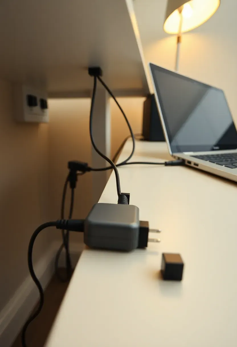 organized dorm desk with cable management clips and hidden power strip