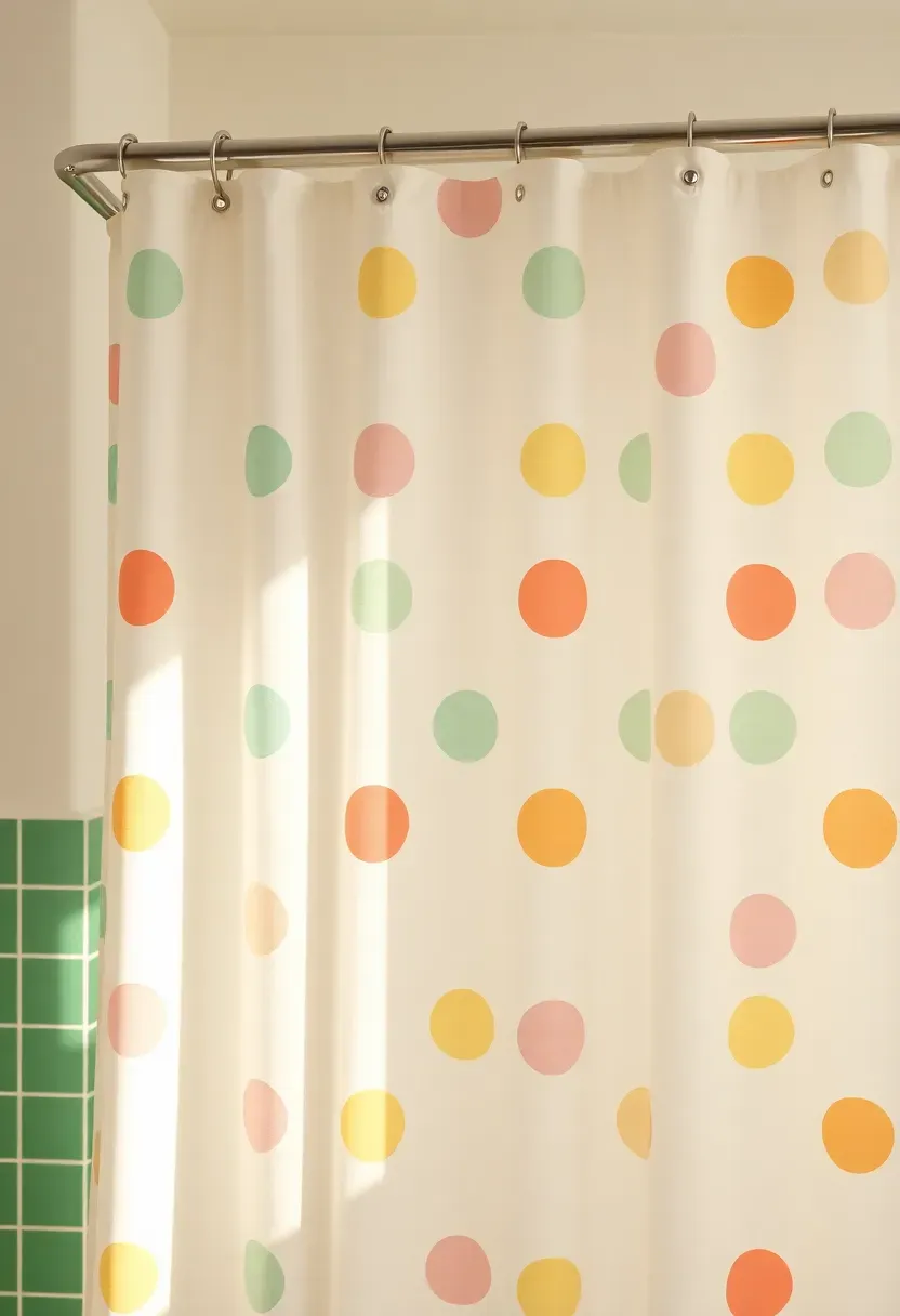 Bold confetti-patterned shower curtain in bright colors hanging in a small rental bathroom