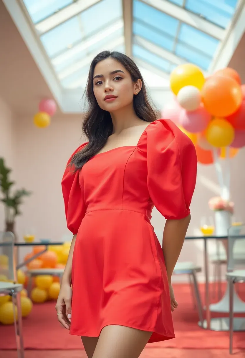 young woman in a bright coral puff-sleeve mini dress with square neckline at a colorful modern baby shower
