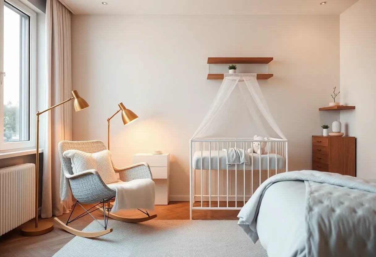 Modern nursery corner in parent bedroom with white bassinet, rocking chair, and warm dimmable lighting — cozy renter-friendly setup