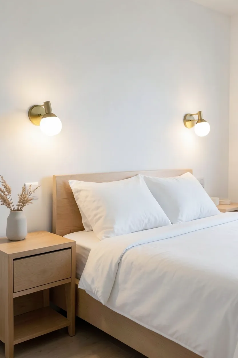 Minimal matte black plug-in wall sconces mounted beside a light wood headboard in a Scandinavian rustic bedroom, freeing nightstand surfaces