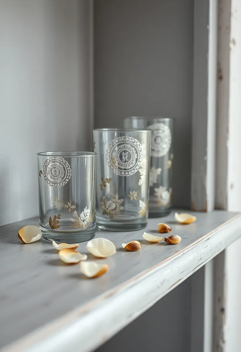 mercury glass accents displayed on a silver antique shelf