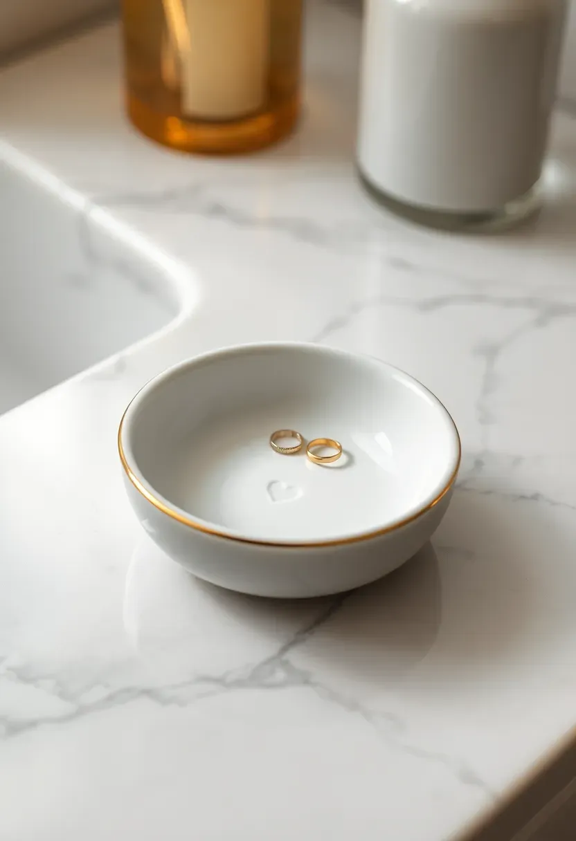 small white ceramic ring dish with gold rim and a tiny baby footprint stamp on a marble vanity
